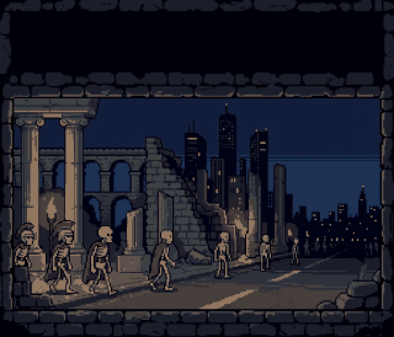 Skeletons walk a road from Roman ruins into a dark modern skyline