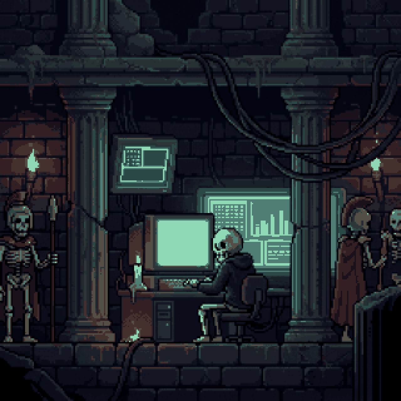 A hooded skeleton works at glowing green terminals set into Roman ruins