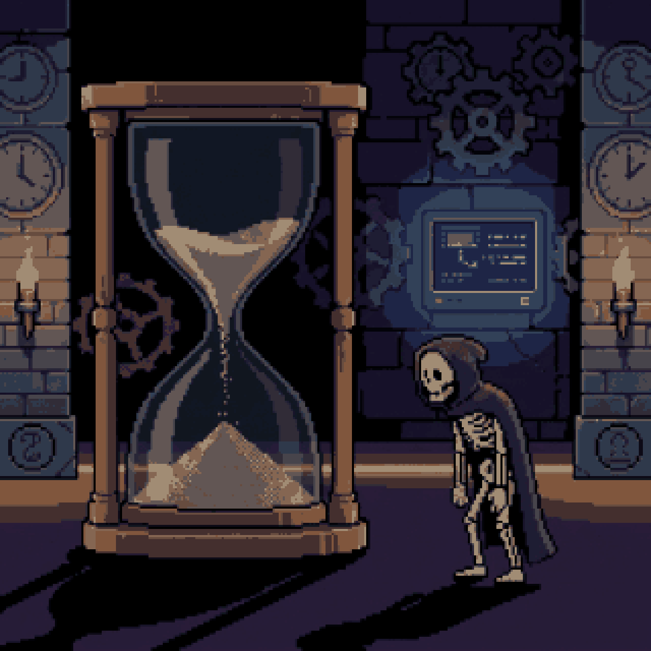 A hooded skeleton watches a giant hourglass in a chamber of clocks and gears