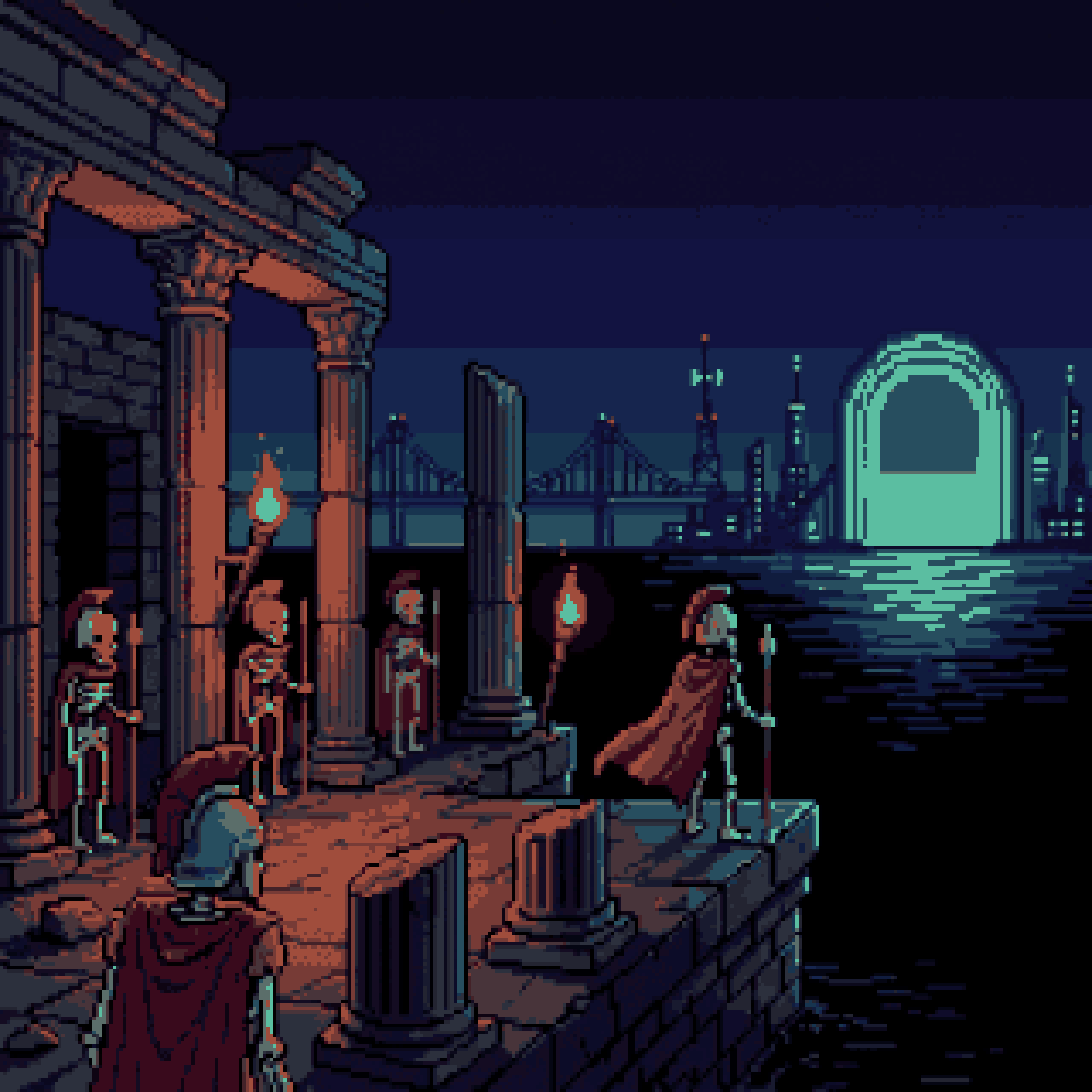 Skeleton guards on a ruin's edge look across black water toward a glowing gate and a distant skyline