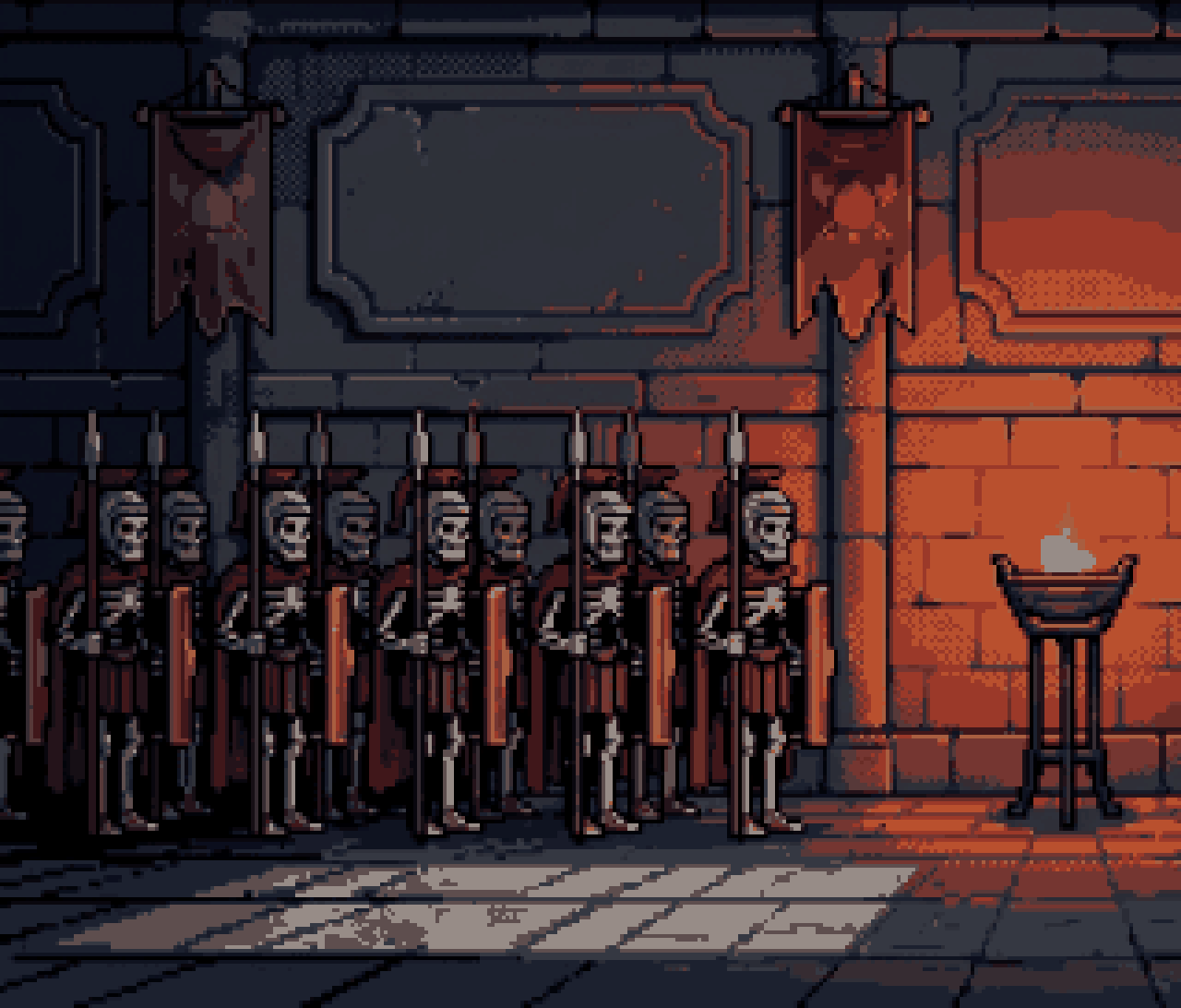Skeleton guards in formation beneath carved stone plaques and crimson banners