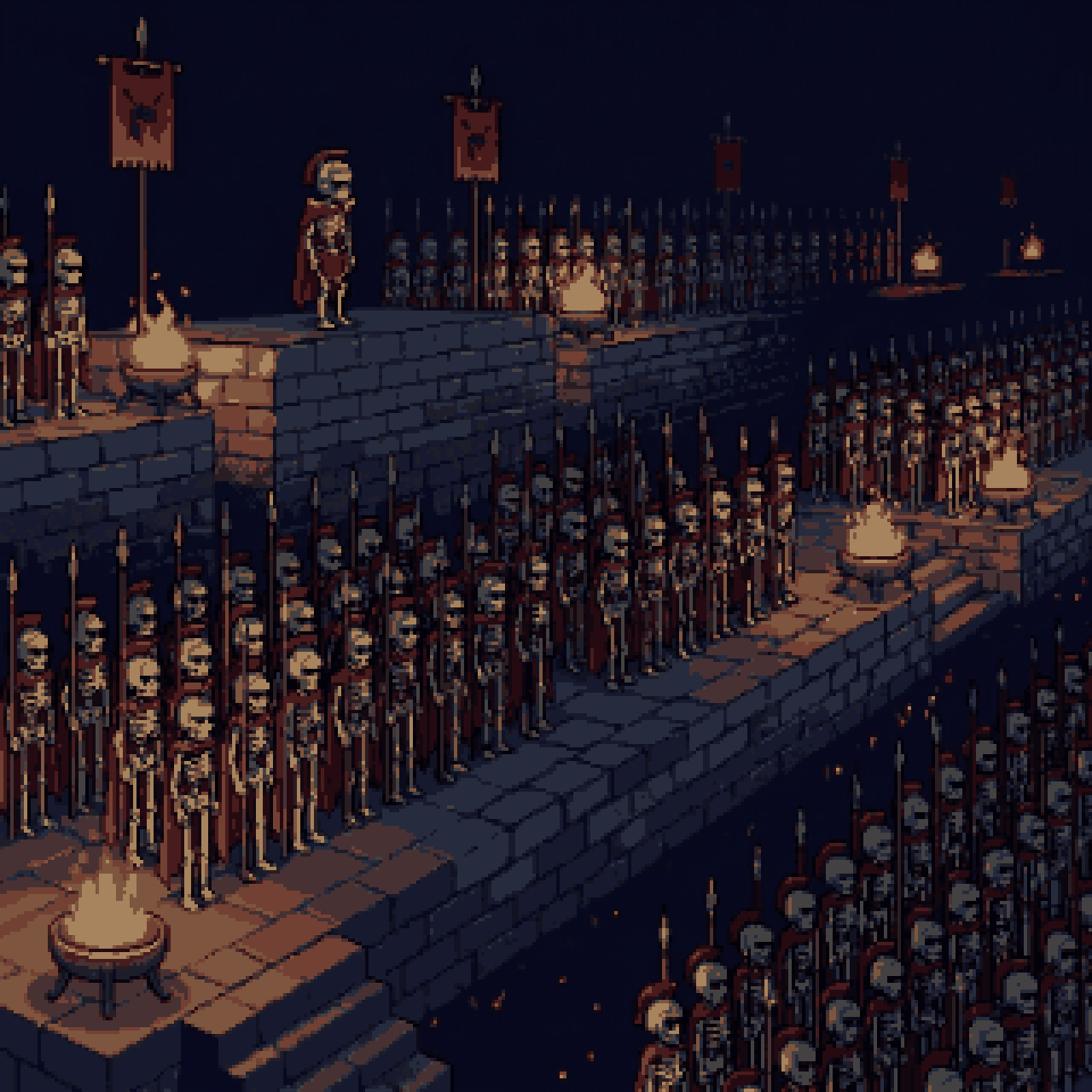 Ranks of skeleton guards assembled on stone platforms under red standards